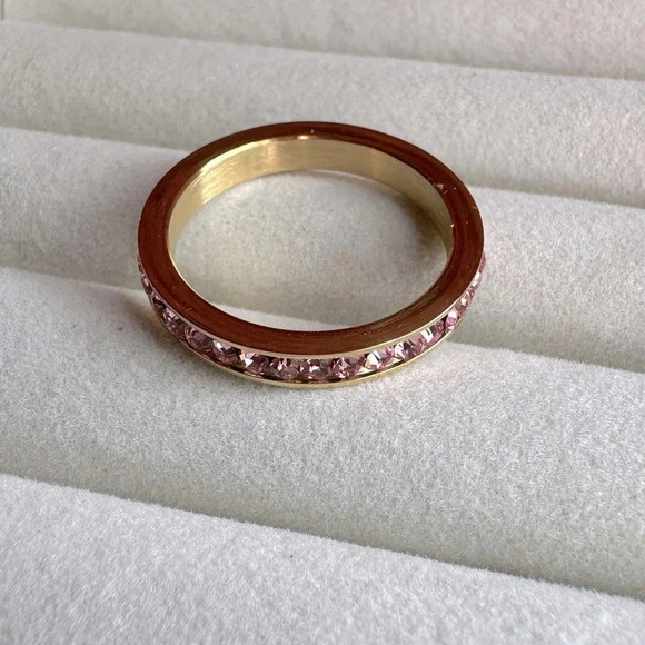 Pink Tourmaline Colored CZ 18k Gold Stainless Steel Band Ring October Birthstone - Picture 2 of 8